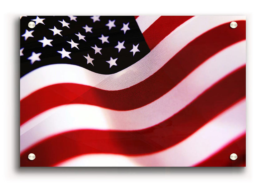 Vibrant American Flag acrylic print on 5mm thick glass, ready to hang.