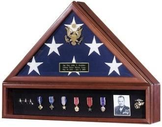 American Flag and Medal Display Case made of solid walnut with a matching pedestal, featuring beveled glass and the gold Great Seal of the U.S.