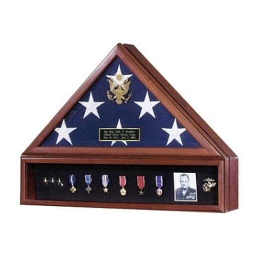 American Flag Case and Medal Display Case in walnut with Great Seal embossed on glass, showcasing medals and memorabilia.