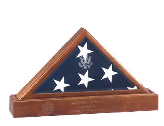 Solid cherry wood American flag case with matching pedestal, featuring beveled glass and gold Great Seal.