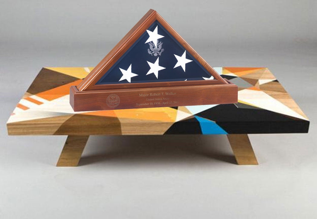 American Flag Case made of solid cherry wood with a matching pedestal, designed for displaying military burial flags elegantly.