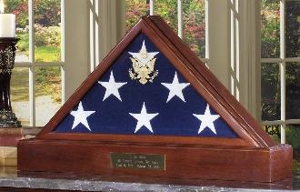 Personalized American Flag Case made of cherry wood with a walnut finish, displaying a burial flag and gold Great Seal.