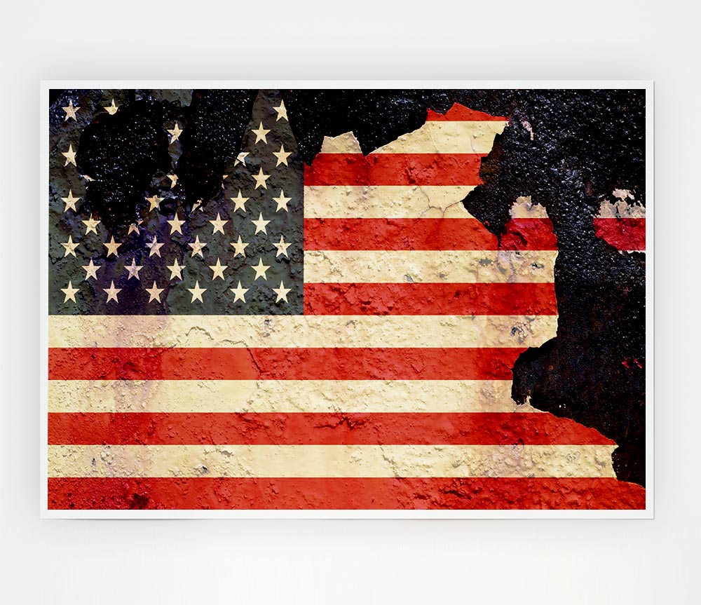 American Flag Cracked poster on high-quality canvas, showcasing a unique distressed design with vibrant colors.