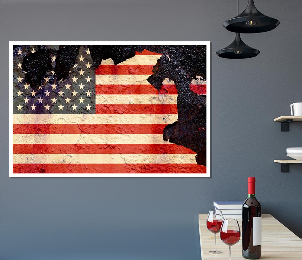 American Flag Cracked poster on high-quality canvas, showcasing a unique distressed design with vibrant colors.