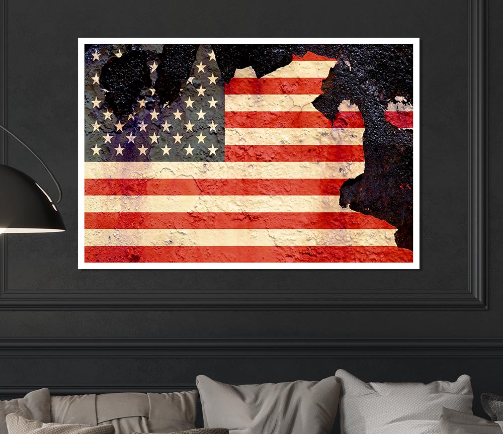 American Flag Cracked poster on high-quality canvas, showcasing a unique distressed design with vibrant colors.