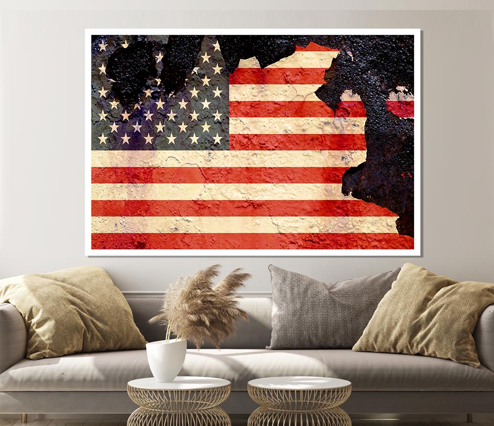 American Flag Cracked poster on high-quality canvas, showcasing a unique distressed design with vibrant colors.