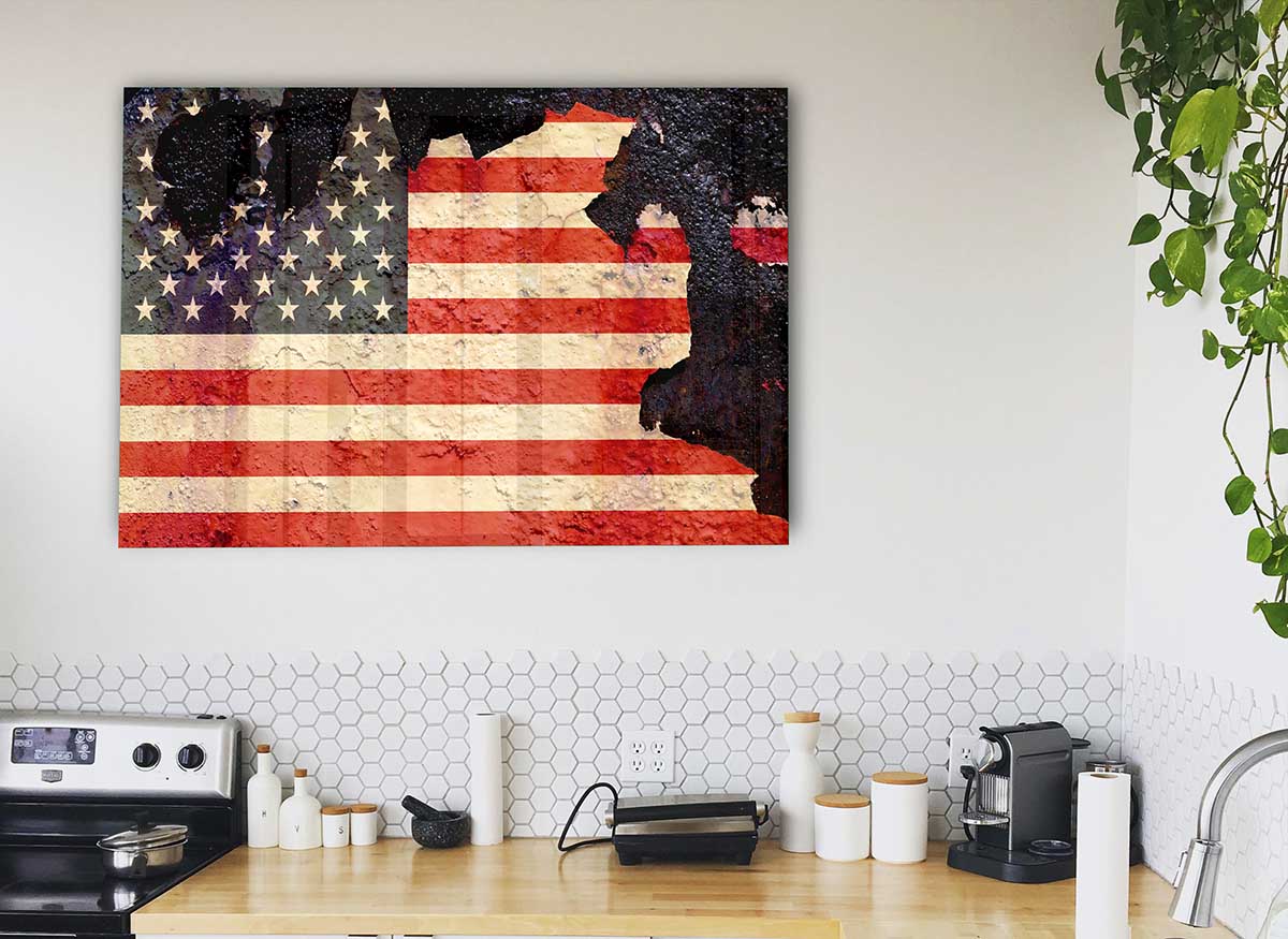 A modern glass print featuring a creatively cracked design of the American flag, showcasing vibrant colors and unique artistry.