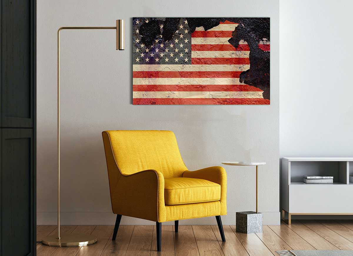 A modern glass print featuring a creatively cracked design of the American flag, showcasing vibrant colors and unique artistry.