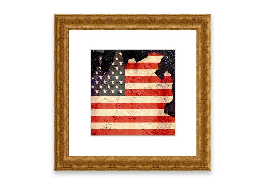 Framed print of the American Flag with a cracked design, showcasing vibrant colors and unique texture, ready to hang.