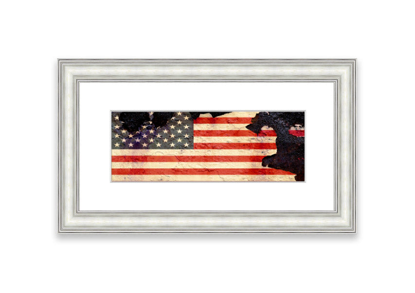 Framed print of the American Flag with a cracked design, showcasing vibrant colors and unique texture, ready to hang.