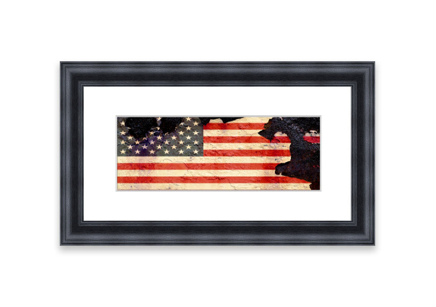 Framed print of the American Flag with a cracked design, showcasing vibrant colors and unique texture, ready to hang.