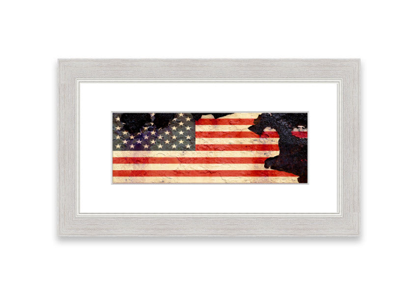 Framed print of the American Flag with a cracked design, showcasing vibrant colors and unique texture, ready to hang.