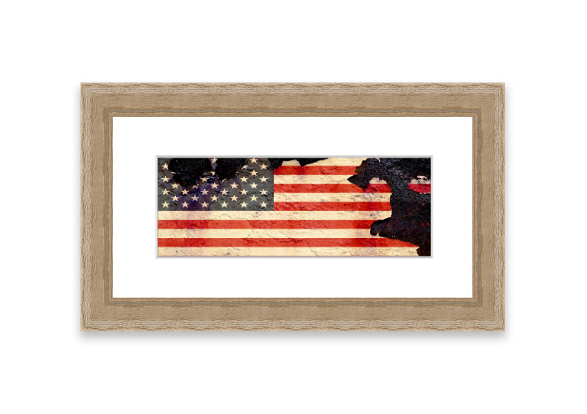 Framed print of the American Flag with a cracked design, showcasing vibrant colors and unique texture, ready to hang.