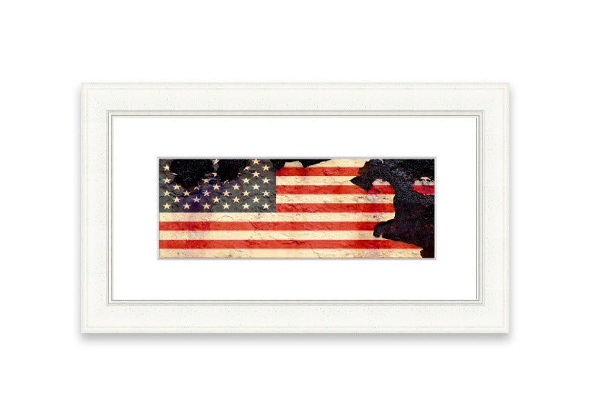 Framed print of the American Flag with a cracked design, showcasing vibrant colors and unique texture, ready to hang.