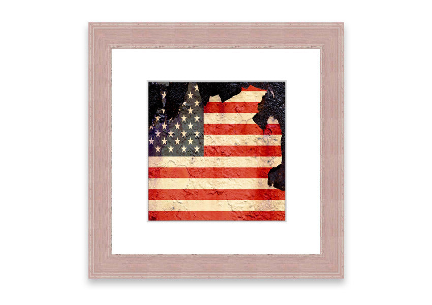 Framed print of the American Flag with a cracked design, showcasing vibrant colors and unique texture, ready to hang.