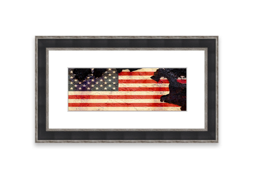 Framed print of the American Flag with a cracked design, showcasing vibrant colors and unique texture, ready to hang.