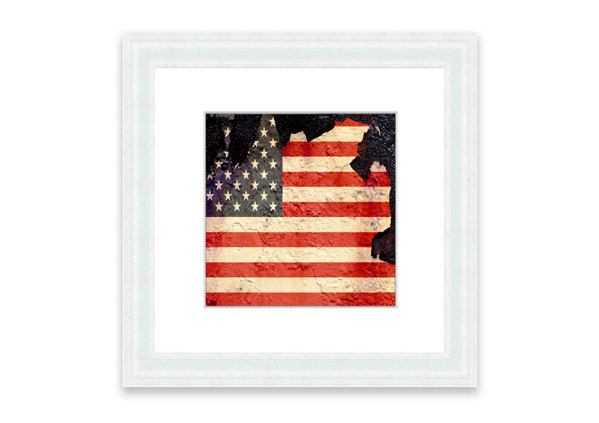 Framed print of the American Flag with a cracked design, showcasing vibrant colors and unique texture, ready to hang.