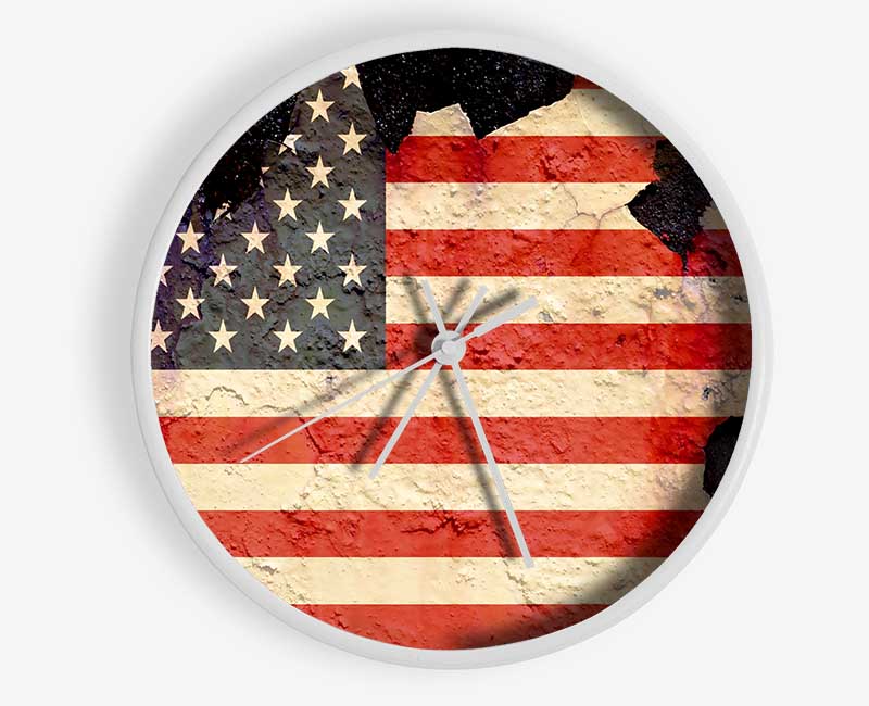 American Flag Cracked clock made from natural bamboo with a unique design, featuring a clear Plexiglas lens and available in multiple colors.