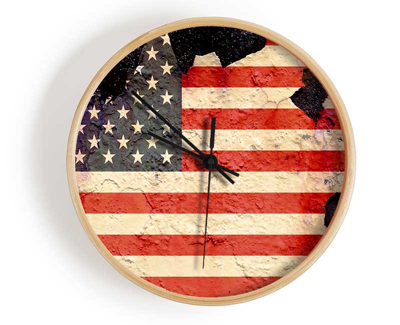 American Flag Cracked clock made from natural bamboo with a unique design, featuring a clear Plexiglas lens and available in multiple colors.