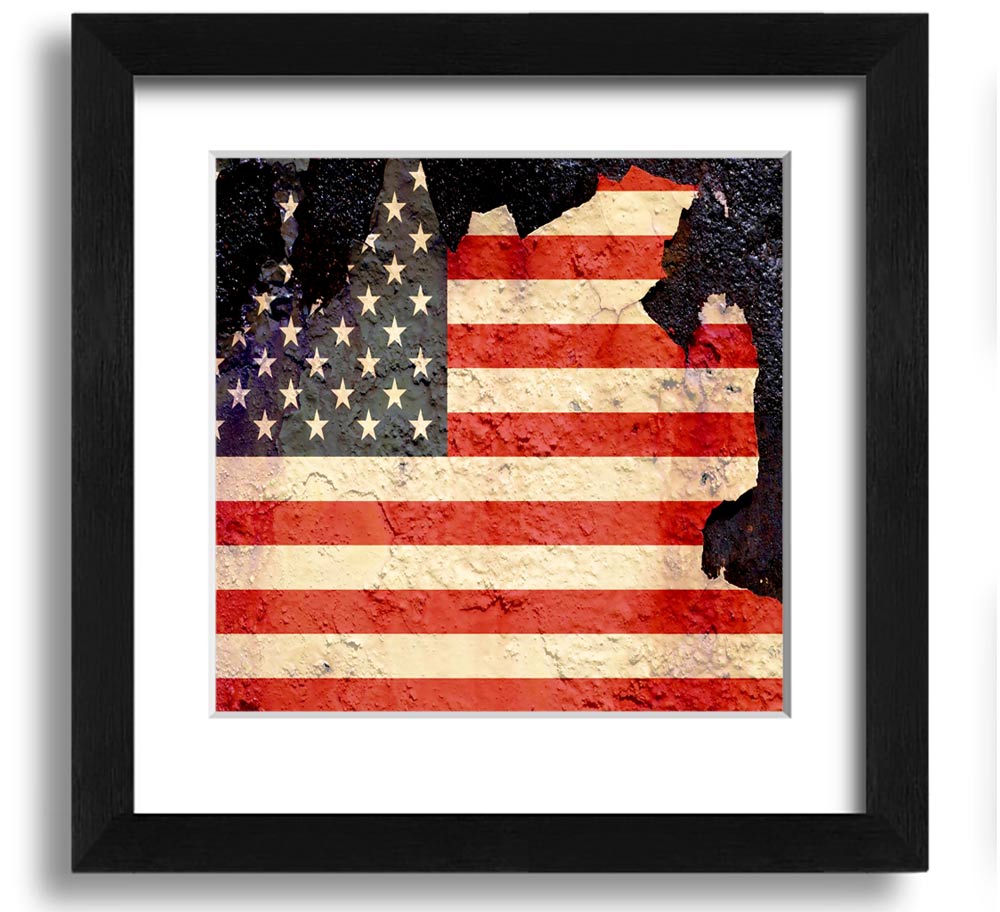 American Flag Cracked Square Framed Print with a unique cracked design, available in various frame colors.