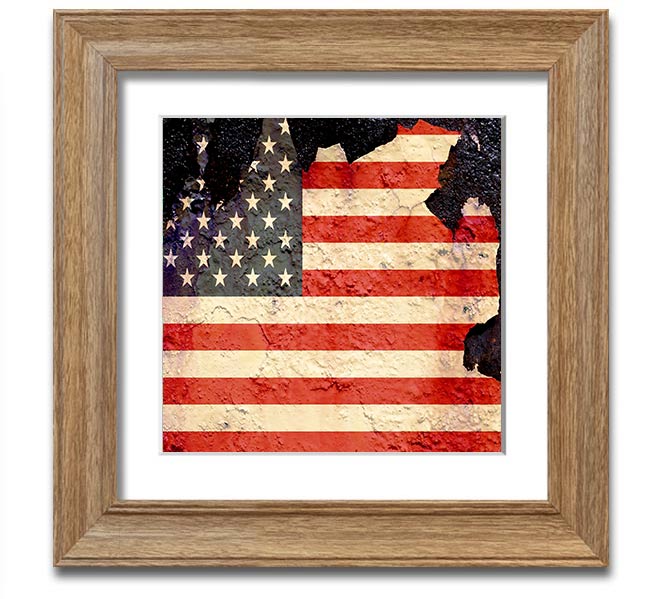 American Flag Cracked Square Framed Print with a unique cracked design, available in various frame colors.