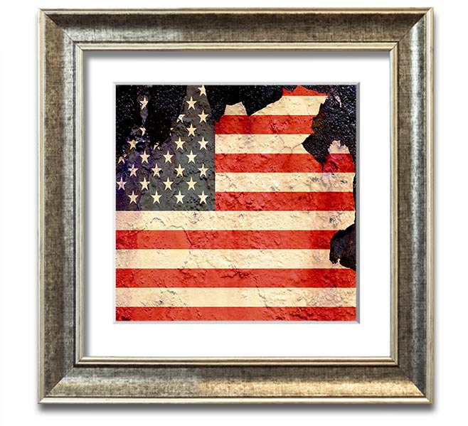 American Flag Cracked Square Framed Print with a unique cracked design, available in various frame colors.