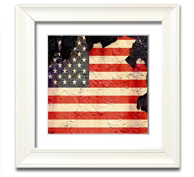 American Flag Cracked Square Framed Print with a unique cracked design, available in various frame colors.