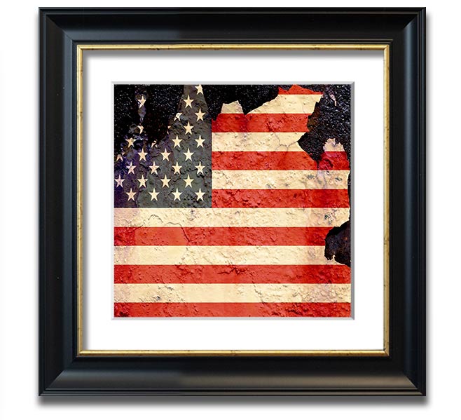 American Flag Cracked Square Framed Print with a unique cracked design, available in various frame colors.