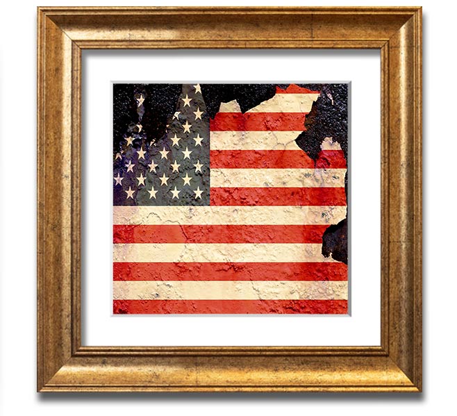 American Flag Cracked Square Framed Print with a unique cracked design, available in various frame colors.