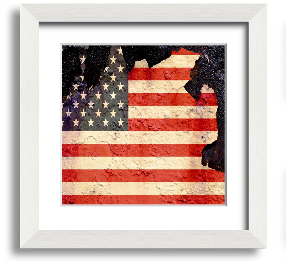 American Flag Cracked Square Framed Print with a unique cracked design, available in various frame colors.