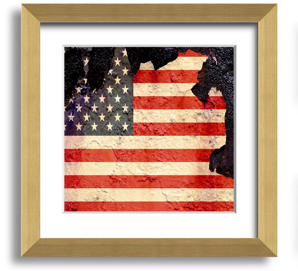 American Flag Cracked Square Framed Print with a unique cracked design, available in various frame colors.