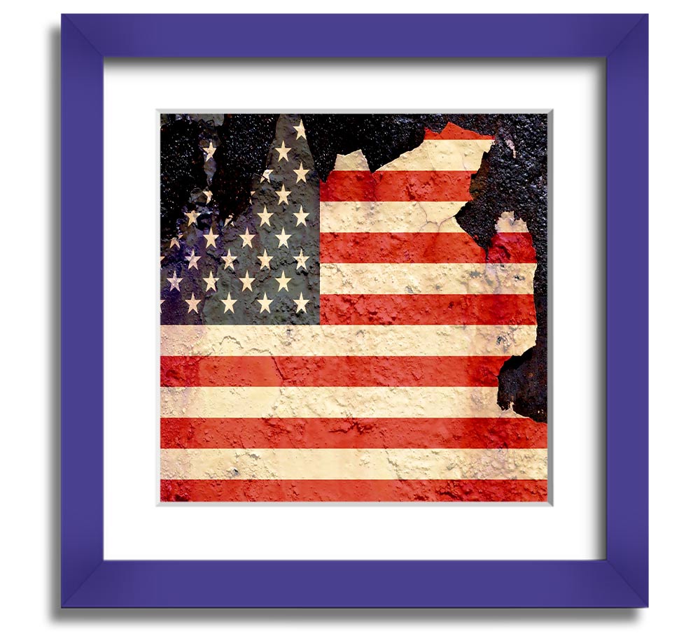 American Flag Cracked Square Framed Print with a unique cracked design, available in various frame colors.