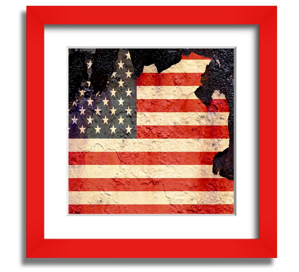 American Flag Cracked Square Framed Print with a unique cracked design, available in various frame colors.