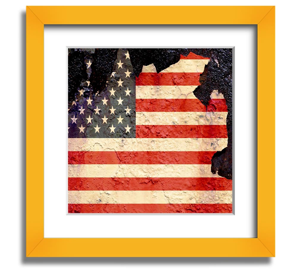 American Flag Cracked Square Framed Print with a unique cracked design, available in various frame colors.