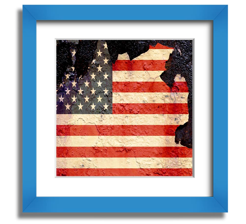 American Flag Cracked Square Framed Print with a unique cracked design, available in various frame colors.