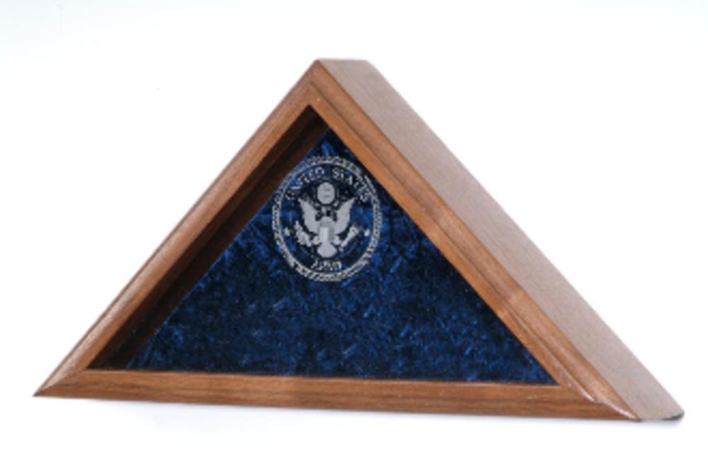 Personalized American Flag Display Case made of solid wood with a double-strength glass front and crushed velvet background, showcasing a folded flag.