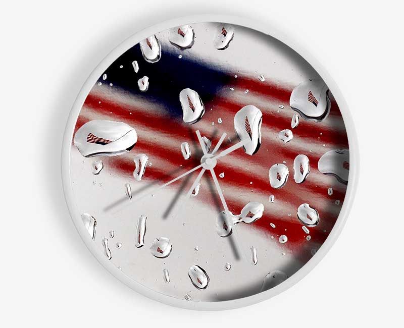 American Flag Droplet clock made of natural bamboo with a round face and clear Plexiglas lens, showcasing the American flag design.