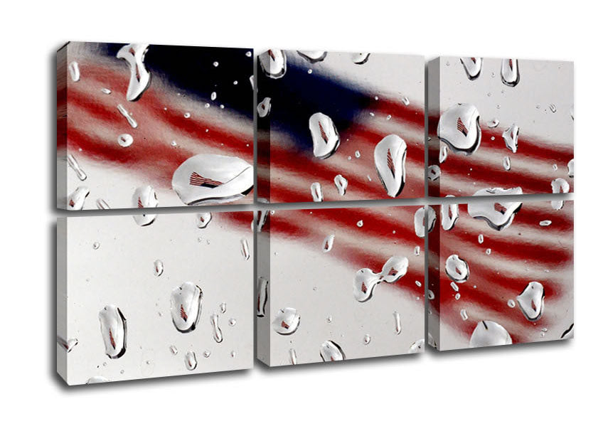 American Flag Droplet canvas print mounted on a box frame, showcasing vibrant colors and a modern design.