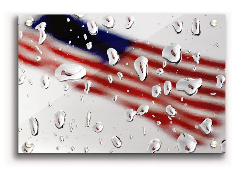 Acrylic print of the American flag in a droplet design, showcasing vibrant colors and a glossy finish.