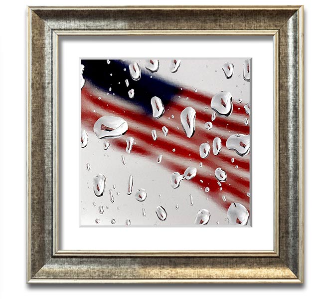 American Flag Droplet Square Framed Print with vibrant colors and a unique droplet design, framed in a stylish square frame.