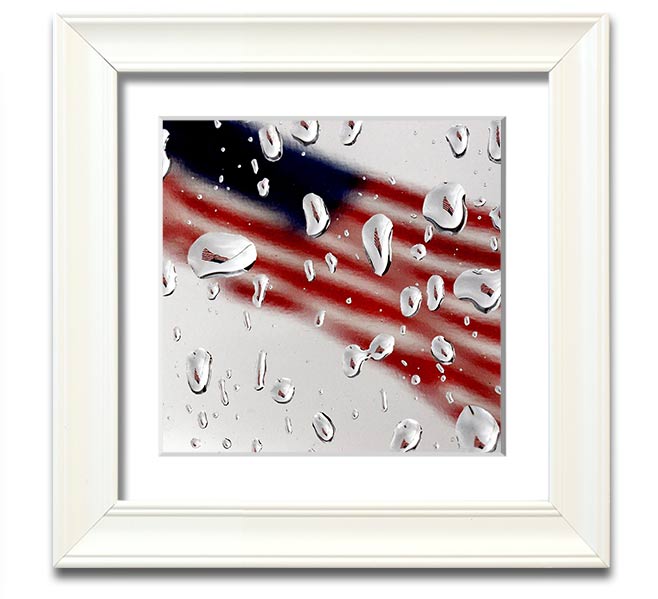 American Flag Droplet Square Framed Print with vibrant colors and a unique droplet design, framed in a stylish square frame.