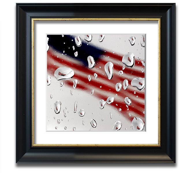 American Flag Droplet Square Framed Print with vibrant colors and a unique droplet design, framed in a stylish square frame.