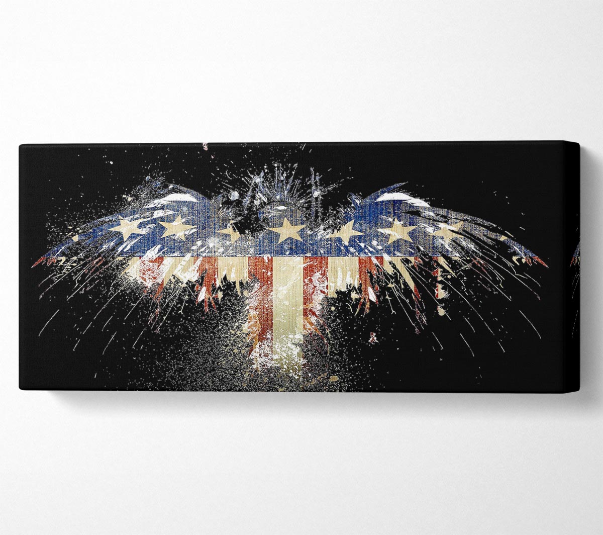 American Flag Eagle canvas art mounted on a box frame, showcasing a majestic eagle against the American flag.