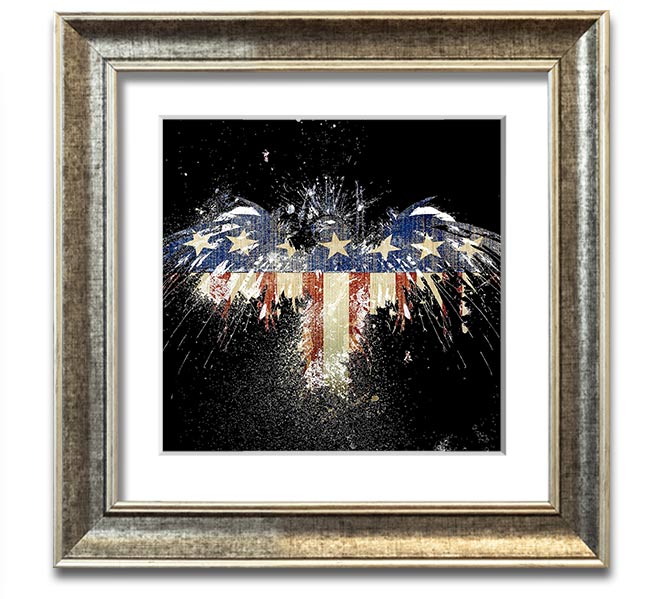 A beautifully framed print of an eagle against the American flag, showcasing vibrant colors and intricate details.