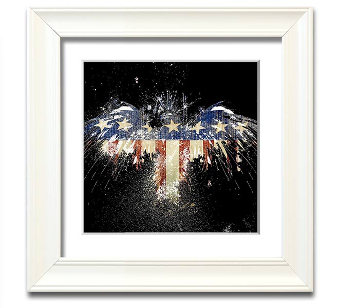 A beautifully framed print of an eagle against the American flag, showcasing vibrant colors and intricate details.