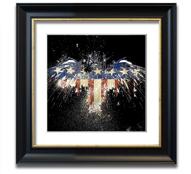 A beautifully framed print of an eagle against the American flag, showcasing vibrant colors and intricate details.