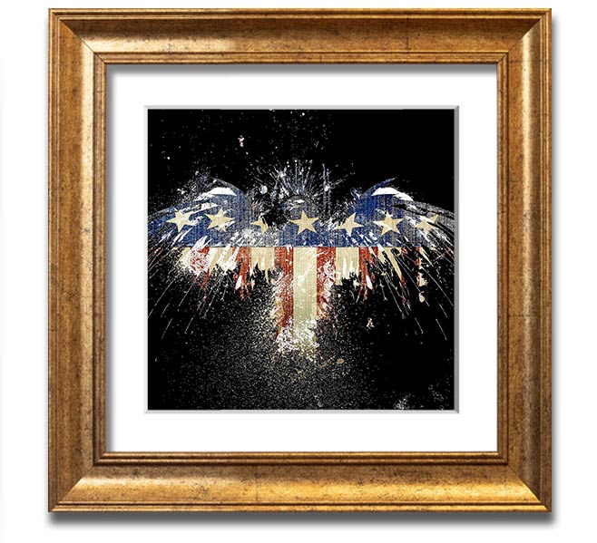 A beautifully framed print of an eagle against the American flag, showcasing vibrant colors and intricate details.