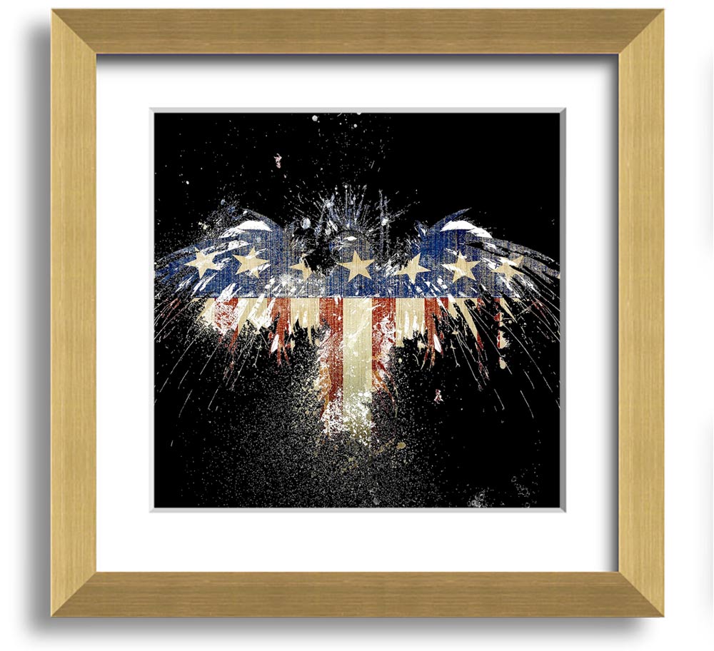 A beautifully framed print of an eagle against the American flag, showcasing vibrant colors and intricate details.