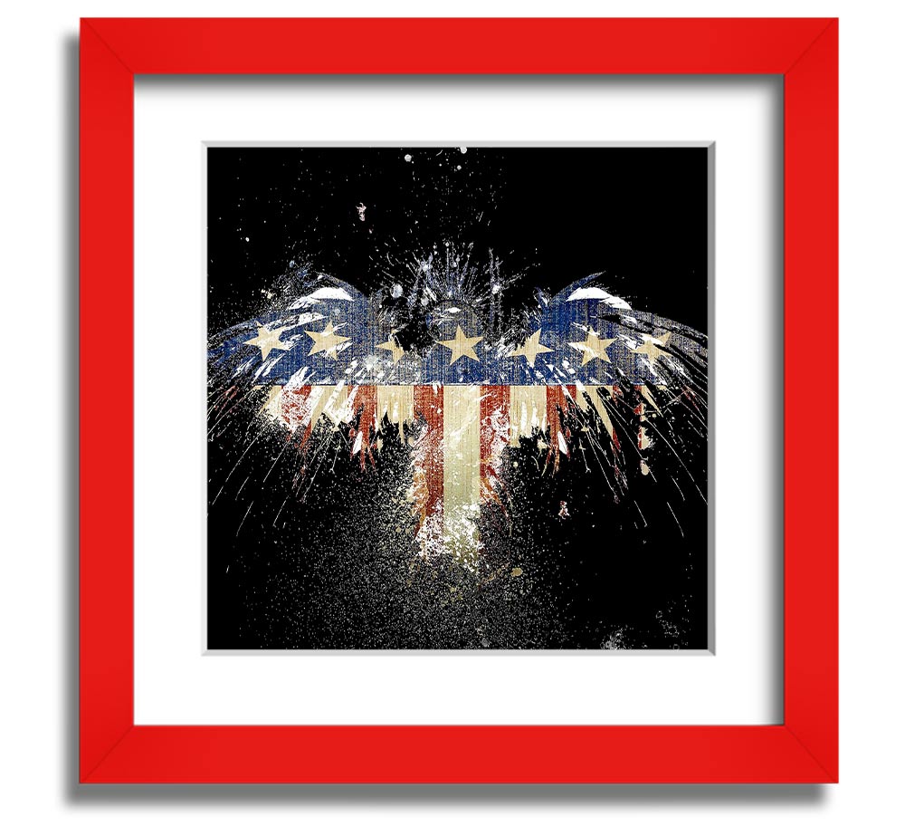 A beautifully framed print of an eagle against the American flag, showcasing vibrant colors and intricate details.