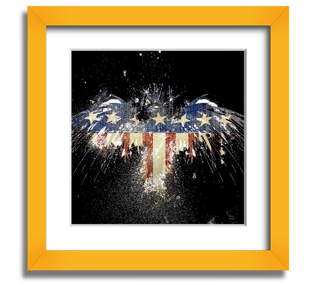 A beautifully framed print of an eagle against the American flag, showcasing vibrant colors and intricate details.